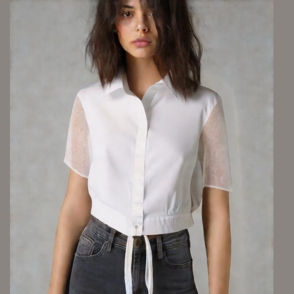 EU DKNY Mesh Shoulder Cropped White Button Front Blouse